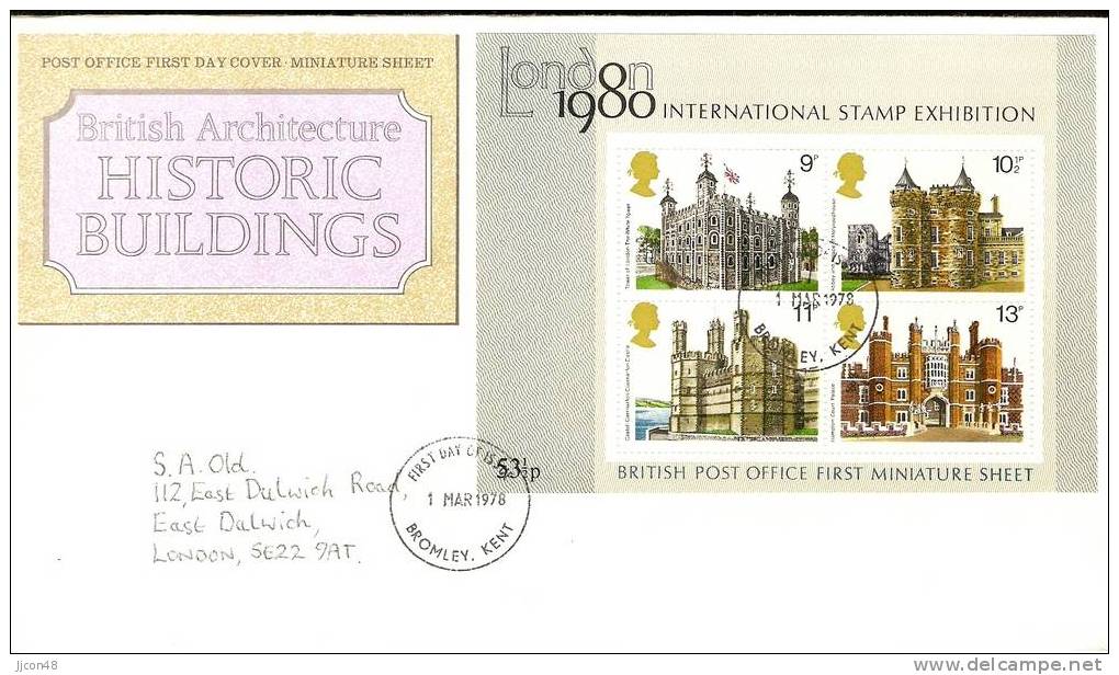 Great Britain 1978 Historic Buildings. FDC. Bromley Postmark (Mini Sheet) - 1971-1980 Dezimalausgaben