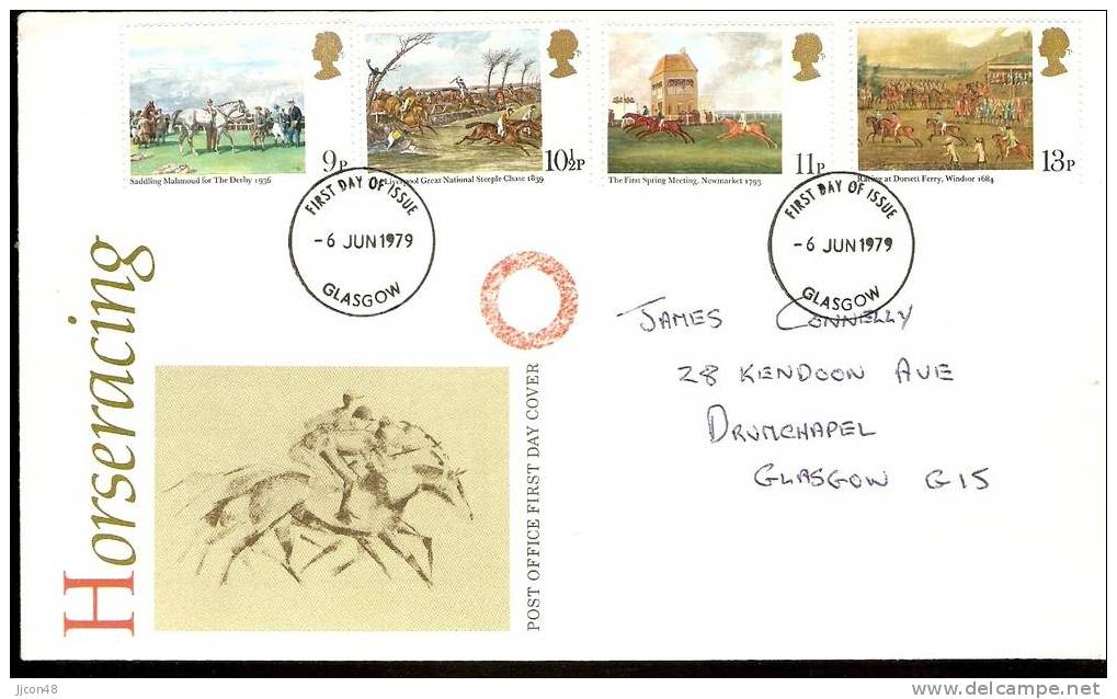 Great Britain 1979 Bicent.of The Derby + Horse Racing Paintings. FDC. Glasgow Postmark - 1971-1980 Dezimalausgaben