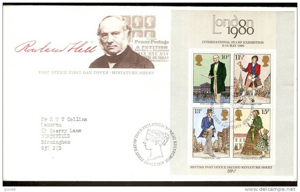 Great Britain 1979 Sir Rowland Hill. M/S. FDC. Philatelic Bureau Edinburgh - 1971-1980 Dezimalausgaben