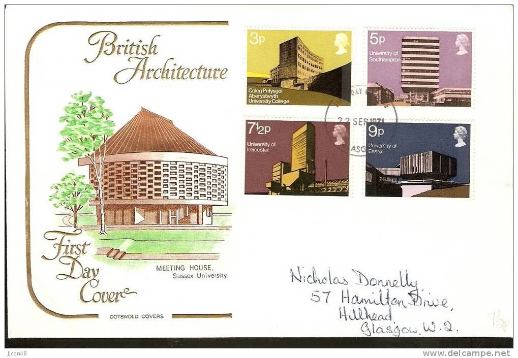 Great Britain 1971 Modern University Buildings. FDC. Glasgow Postmark - 1971-1980 Em. Décimales