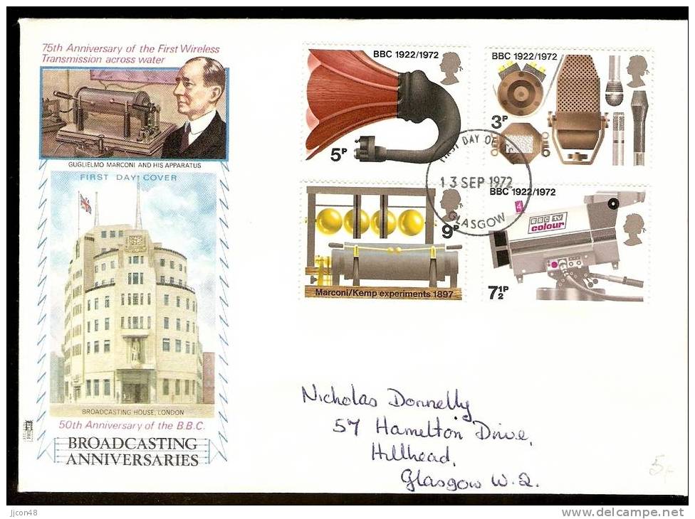 Great Britain 1972 Broadcasting Anniversaries. FDC. Glasgow Postmark - 1971-1980 Decimale  Uitgaven