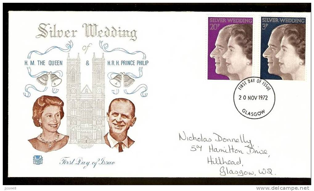 Great Britain 1972 Royal Silver Wedding. FDC. Glasgow Postmark - 1971-1980 Decimal Issues