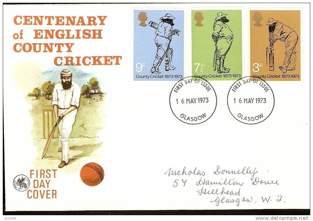 Great Britain 1973  County Cricket Centenary. FDC. Glasgow Postmark - 1971-80 Ediciones Decimal