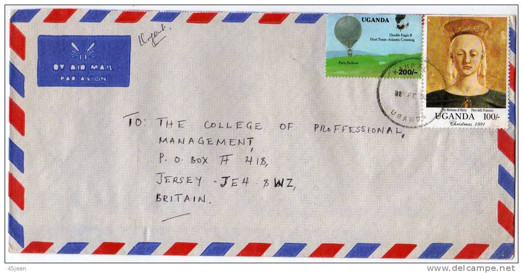 Ouganda:  Lettre Avion Vers Jersey Avec Timbres Ballons Mongolfière Et Noel 1991 - Uganda (1962-...)