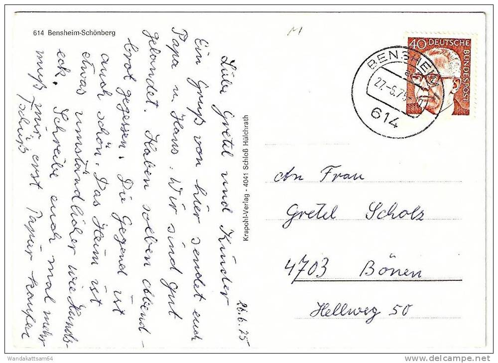 AK 614 Bensheim-Schönberg 27.-6.75 – 10 Nach   4703 Bönen  Krapohl-Verlag – 4041 Schloß Hülchrath - Bensheim