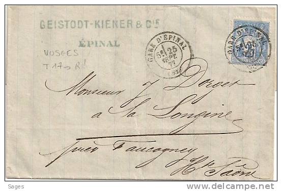 LETTRE SAGE, Type 17 GARE D'EPINAL (82), Vosges, PEU COMMUN ! - 1877-1920: Periodo Semi Moderno