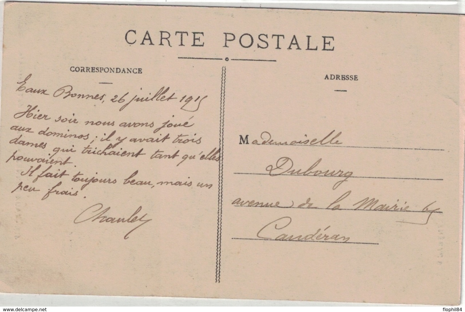 SEMEUSE N°147 CR / CARTE POSTALE-CAD EAUX BONNES 26-7-1915 - 1877-1920: Période Semi Moderne