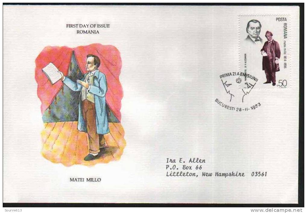 Fdc Roumanie 1983 Théâtre Matei Millo 1814 1896 Acteur & Auteur Dramatique - Teatro