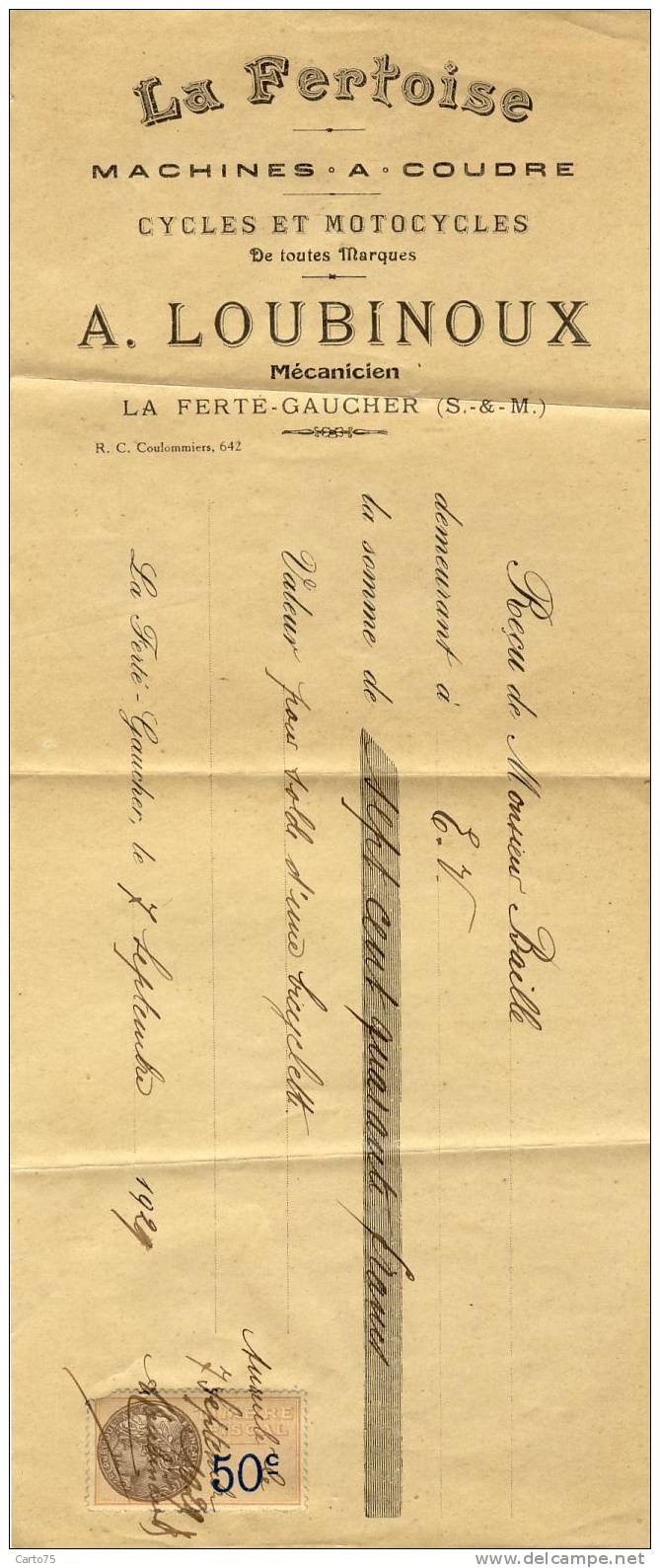 Reçu Pour Solde D'une Bicyclette - LA FERTE GAUCHER 77 - Machine à Coudre - Cycles Motocycles - Timbre Fiscal - 1929 - Deportes & Turismo