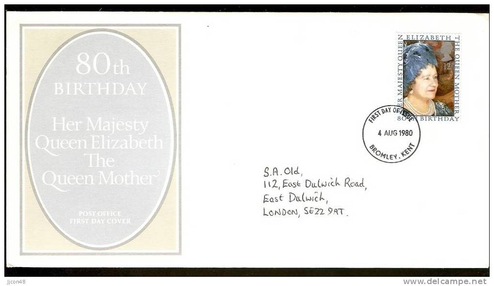 Great Britain 1980  80th Birthday Of Queen Mother  FDC.  Bromley Postmark - 1971-1980 Em. Décimales