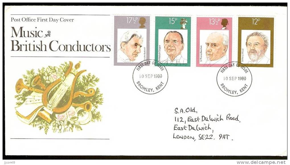 Great Britain 1980  British Conductors  FDC.  Bromley Postmark - 1971-1980 Decimal Issues
