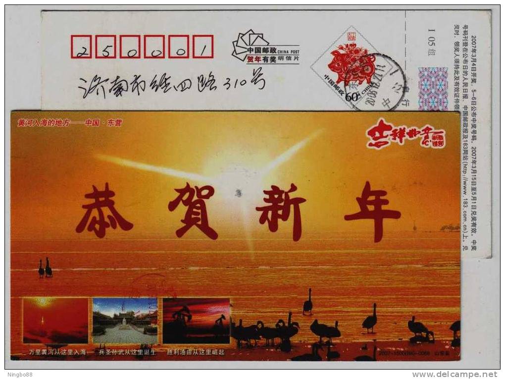 Swan Bird,shengli Oilfield Petroleum Drilling Machine,China 2007 Dongying New Year Greeting Pre-stamped Card - Cygnes