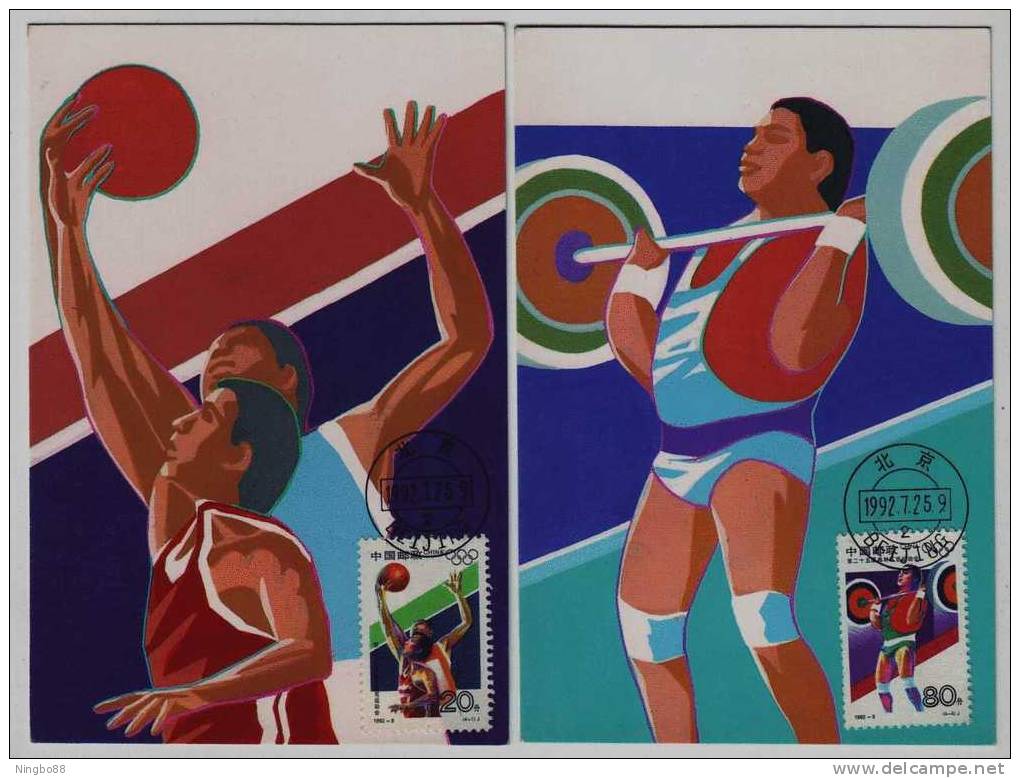 China 1992 Set Of 4 Barcelona Olympic Games Maximum Card,maxi Card,basketball,weightlifting,diving,gymnastics - Sommer 1992: Barcelone