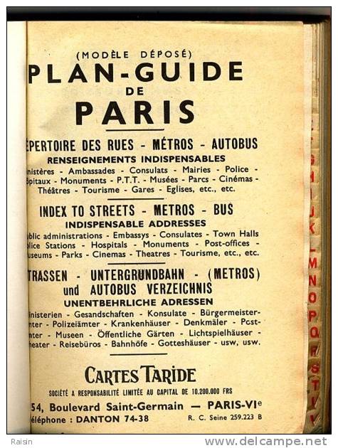 Plan-Guide Paris Métro-Autobus Cartes Taride 1958 320 Pages BE - Europa