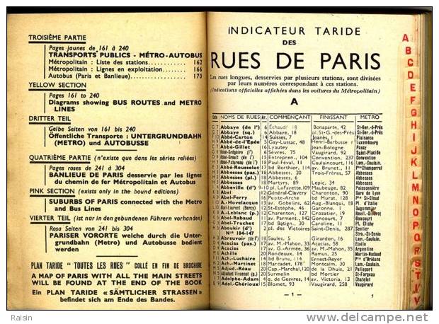 Plan-Guide Paris Métro-Autobus Cartes Taride 1958 320 pages BE