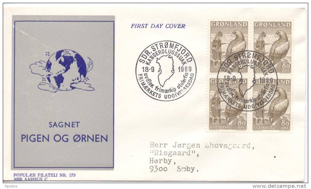 Greenland FDC Block Of 4 The Girl And The Eagle 18-9-1969 With Cachet Sent To Denmark - Sonstige & Ohne Zuordnung