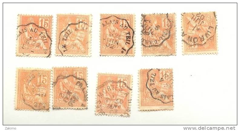 Lot  9 Timbres - Yv 117 - Mouchon Type II 15c Orange. Obl De Plusieur Villes - Usados