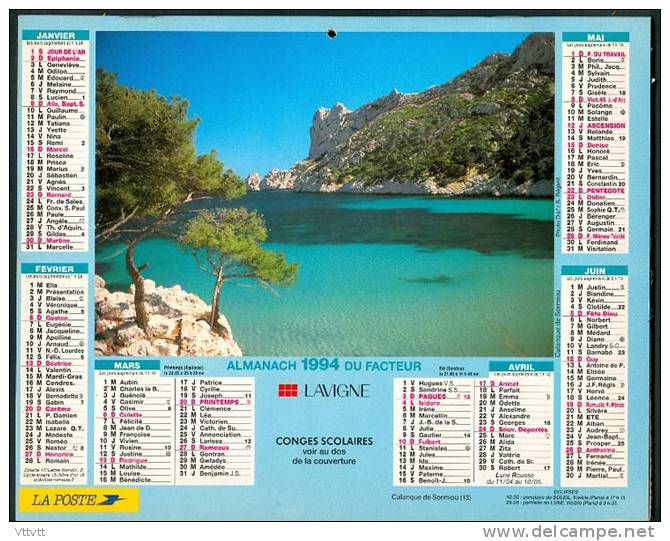 CALENDRIER 1994 : L'Almanach Du Facteur, Lavigne, Calanque De Sormiou, Cap Ferrat, Complet, TBE - Tamaño Grande : 1991-00