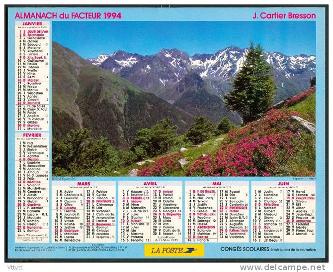 CALENDRIER 1994 : L'Almanach Du Facteur, J. Cartier Bresson, Vallée D'Ossau, Pointe De Diben, Complet, TBE - Big : 1991-00