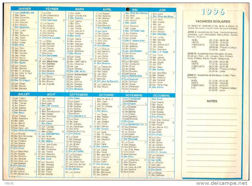 CALENDRIER 1996 : Calendrier Service Du Nettoiement, Talmont Saint-Hilaire (Vendée) Recto-Verso - Tamaño Grande : 1991-00