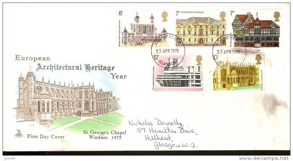 Great Britain 1975  European Architectural Heritage Year. FDC.  Glasgow Cancel (Smudged) - 1971-1980 Em. Décimales
