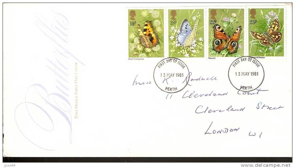 Great Britain 1981  Butterflies  FDC.  Perth Cancel - 1981-1990 Decimal Issues
