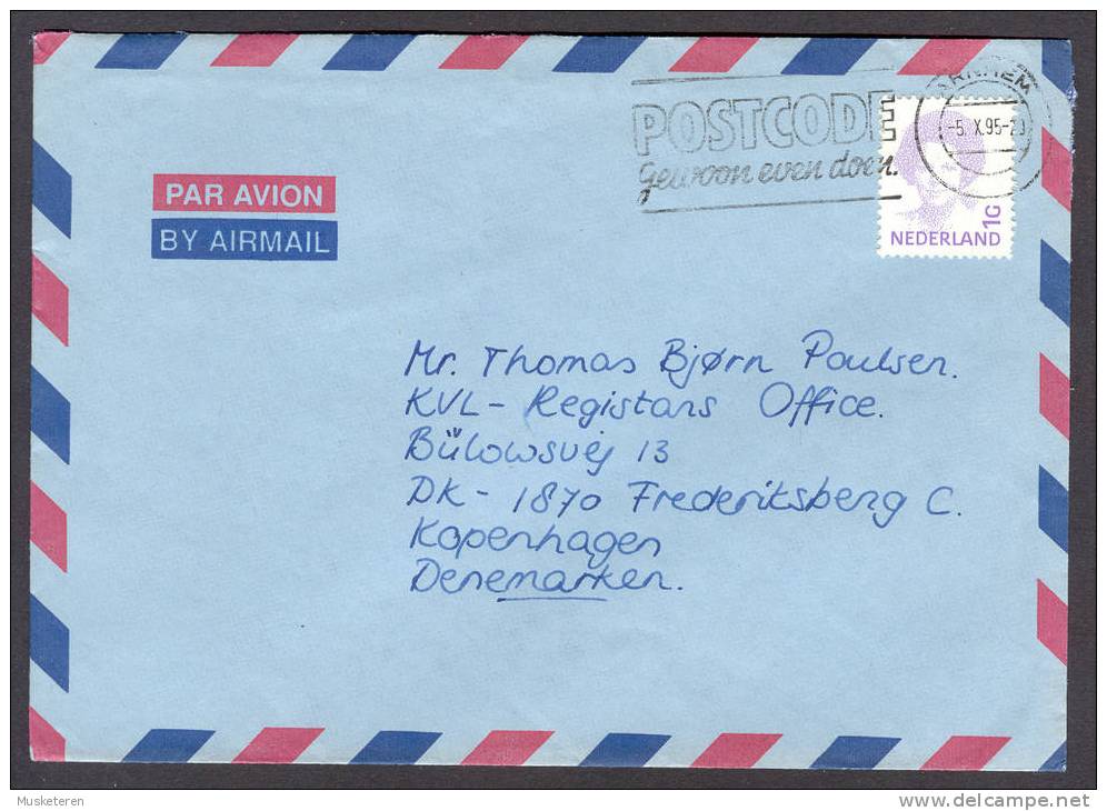 Netherlands Airmail Par Avion Slogan Postcode ARNHEM 1995 Cover Brief Denmark Queen Beatrix - Airmail