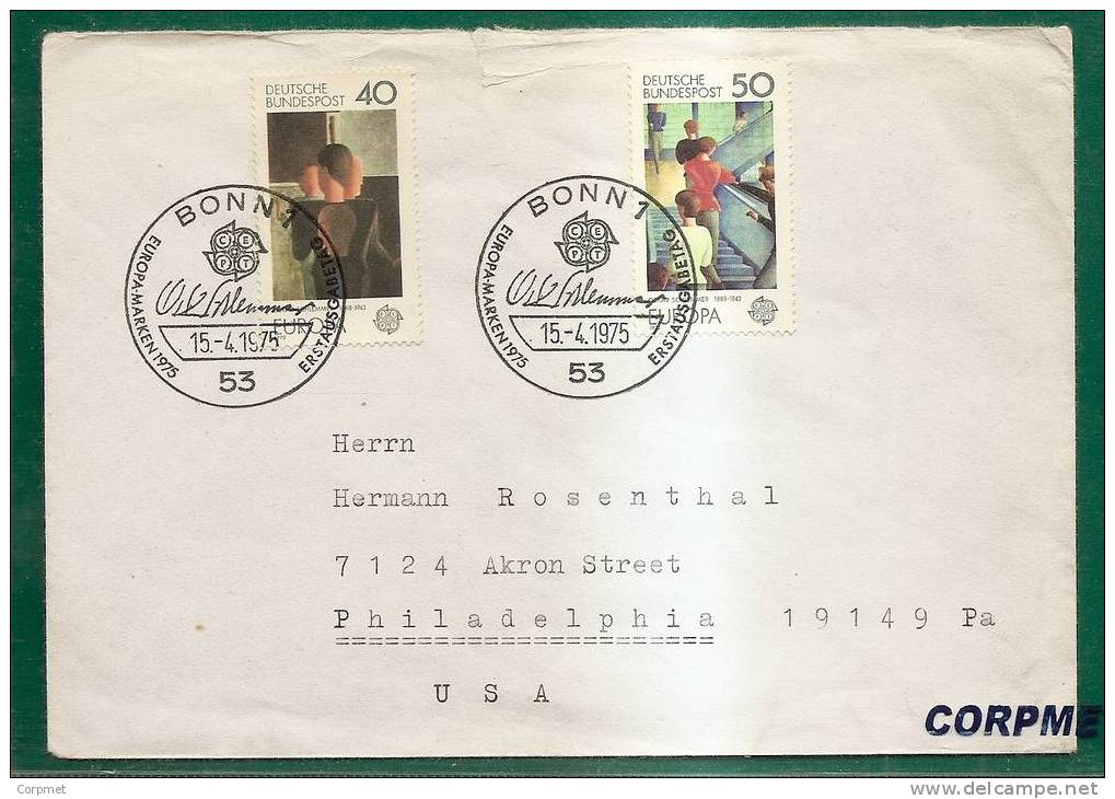 EUROPA-CEPT VF 1975 GERMANY FD COVER With COMM EUROPA CANCELLATION Sent To PHILADELPHIA - 1975