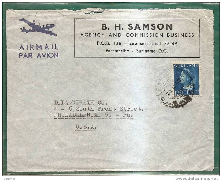 SURINAM - SURINAME - VF AIR MAIL 1952 COVER To PHILADELPHIA - Suriname ... - 1975