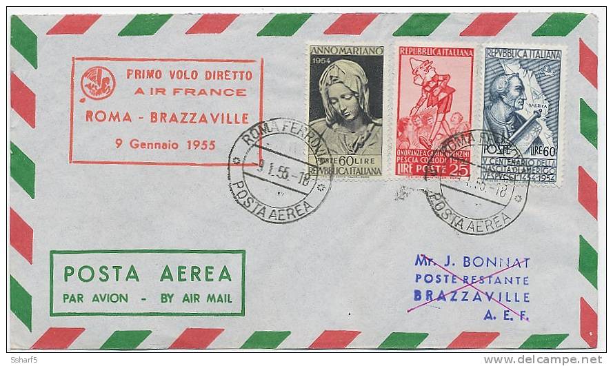 Primo Volo ROMA-BRAZZAVILLE 1955 Bellissima Affrancatura Vespucci L. 60 Ecc. - Luftpost