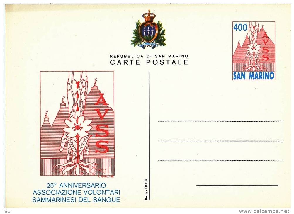 SAN MARINO SAINT MARIN 1985 CARTOLINA POSTALE 400 LIRE: 25° ASSOCIAZIONE DONATORI DI SANGUE. NUOVA PERFETTA - Secourisme