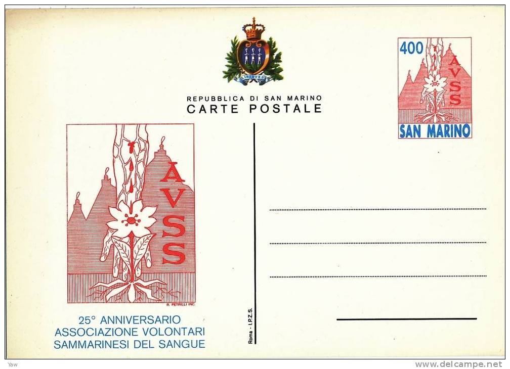 SAN MARINO SAINT MARIN 1985 CARTOLINA POSTALE 400 LIRE: 25° ASSOCIAZIONE DONATORI DI SANGUE. NUOVA PERFETTA - First Aid