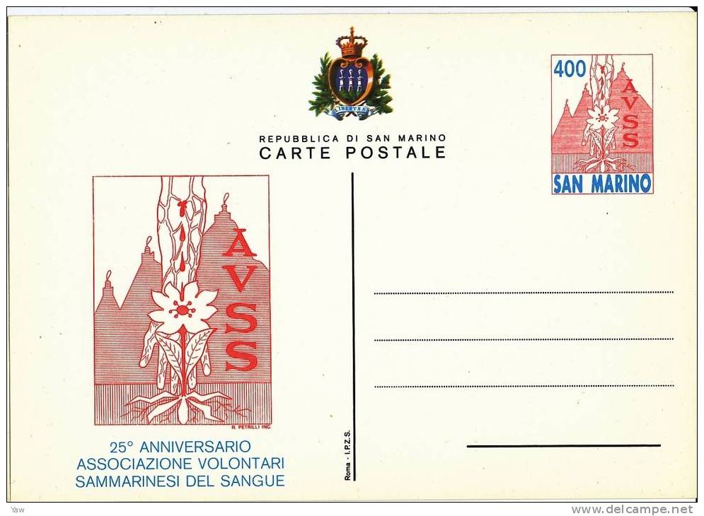 SAN MARINO SAINT MARIN 1985 CARTOLINA POSTALE 400 LIRE: 25° ASSOCIAZIONE DONATORI DI SANGUE. NUOVA PERFETTA - Secourisme