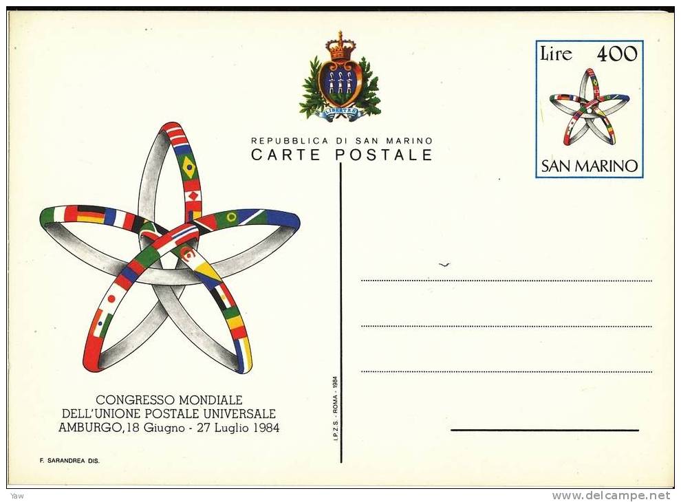 SAN MARINO SAINT MARIN 1984 CARTOLINA POSTALE 400 LIRE: CONGRESSO MONDIALE UPU, AMBURGO. NUOVA PERFETTA - U.P.U.