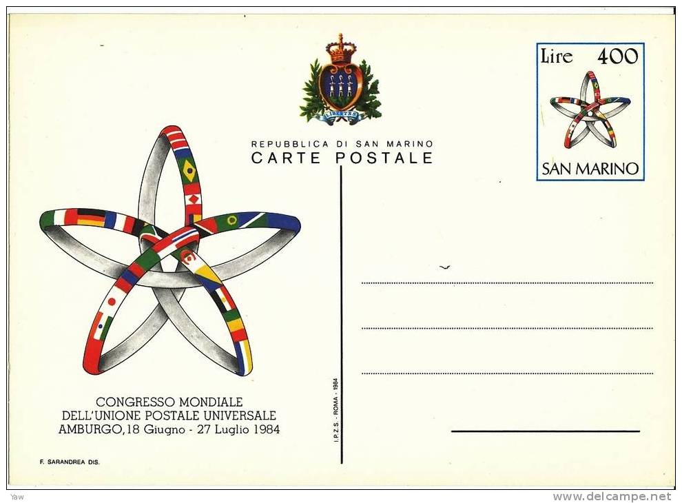 SAN MARINO SAINT MARIN 1984 CARTOLINA POSTALE 400 LIRE: CONGRESSO MONDIALE UPU, AMBURGO. NUOVA PERFETTA - U.P.U.