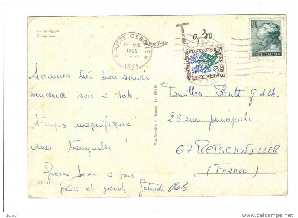 TaxeT 0,30 Cachet SOULTZ SOUS FORETS ( Bas Rhin ) Sur Carte Postale Italie Saluti De Ceriale - 1960-.... Brieven & Documenten