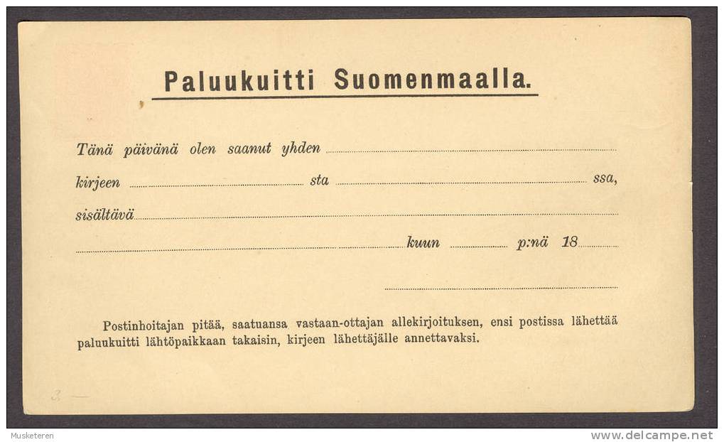 Finland Private Postal Stationery PRIVATE Print Ganzsache Entier 1883/84 Rückscheine Retour-kort Inom Finland - Postwaardestukken