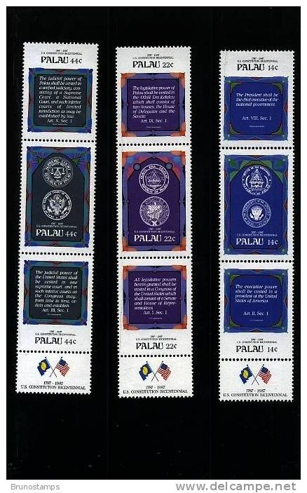 PALAU - 1987  U.S.A. CONSTITUTION BICENTENARY   THREE STRIPS   MINT NH - Palau