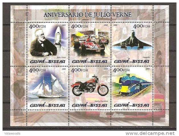 Guinea Bissau - Foglietto Nuovo: Anniversario Di Julio Verne Con Ferrari E Altri Mezzi Di Locomozione - Automovilismo