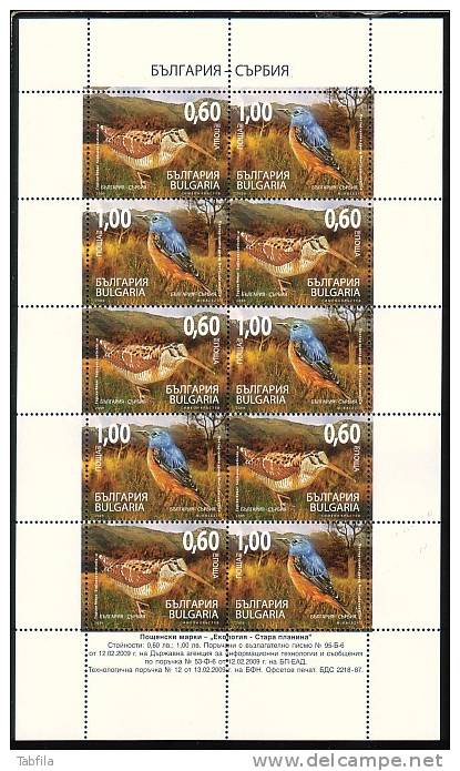 BULGARIA / BULGARIE - 2009 - Ecology - Oiseaux - Emision Commune - Bulgarie - Serbien - PF De 5 Series** - Unused Stamps