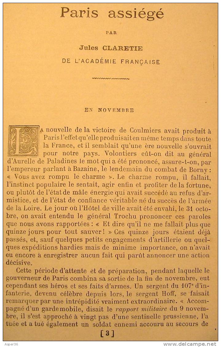 Bibliotheque Récits Militaires "Paris Assiégé" Jules Claretie 1896 - 1801-1900