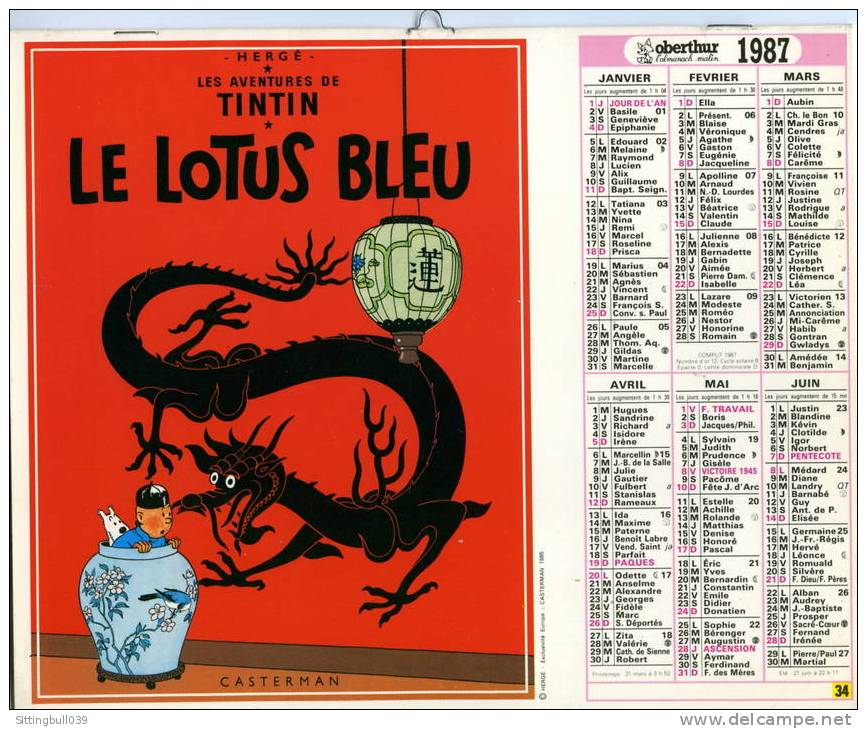 TINTIN. LE LOTUS BLEU / LES 7 BOULES DE CRISTAL. ALMANACH DES PTT 1987 OBERTHUR. Illustrations Recto-verso. Collection ! - Agendas & Calendriers