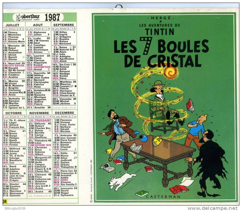 TINTIN. LE LOTUS BLEU / LES 7 BOULES DE CRISTAL. ALMANACH DES PTT 1987 OBERTHUR. Illustrations Recto-verso. Collection ! - Agendas & Calendriers