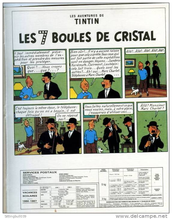 TINTIN. LE LOTUS BLEU / LES 7 BOULES DE CRISTAL. ALMANACH DES PTT 1987 OBERTHUR. Illustrations Recto-verso. Collection ! - Agendas