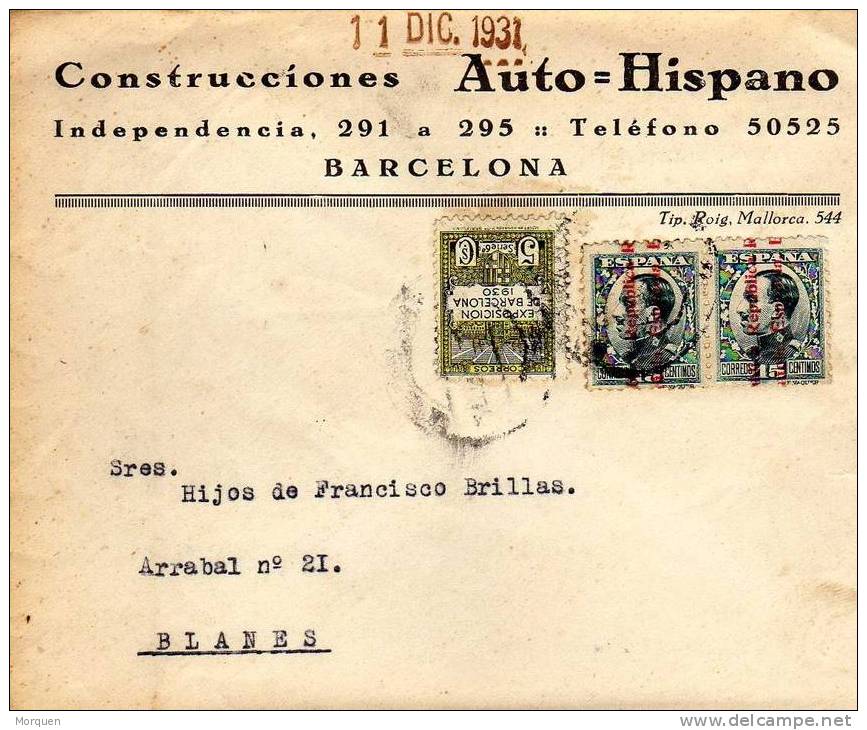 Carta Barcelona 1931. Sello Recargo Ayuntamiento - Barcelone