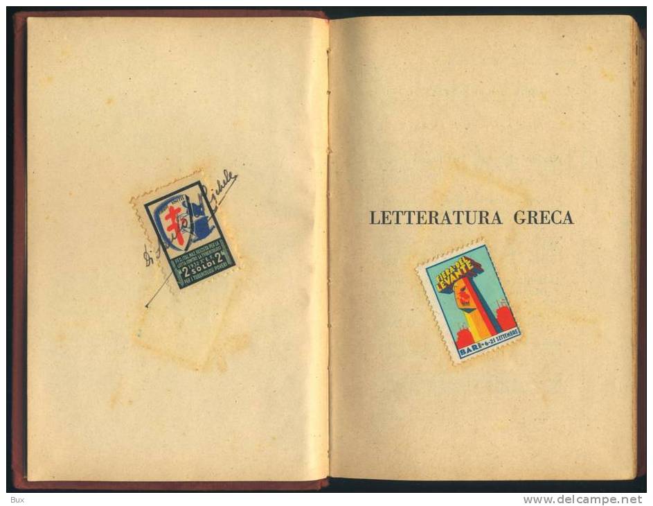 MANUALE HOEPLI  LETTERATURA   GRECA  1931   CHIUDILETTERA  FIERA DEL LEVANTE BARI  FASCISMO   E FRANCOBOLO TUBERCOLOSI - Libri Antichi