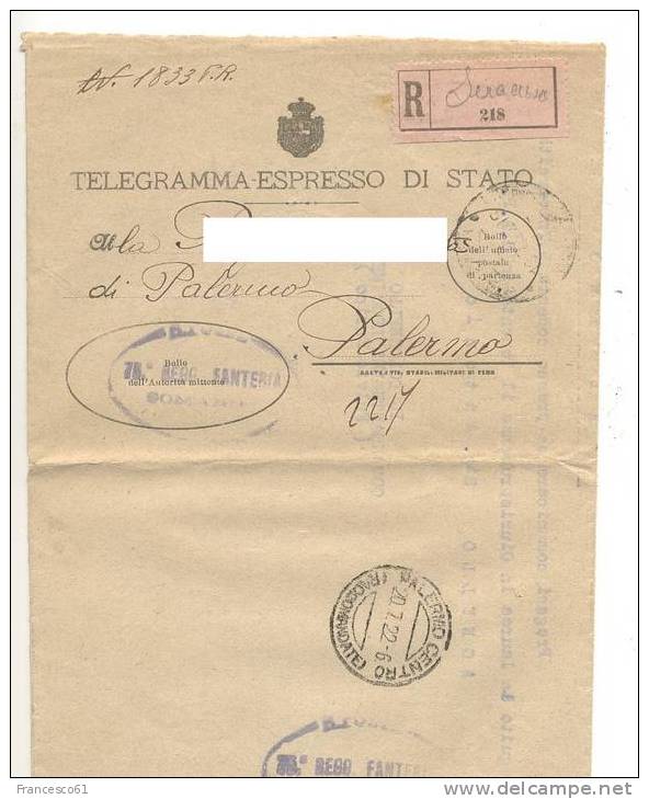 233) 1922 Telegramma Espresso Stato 75° Reggimeto Siracusa Militari - Franchise