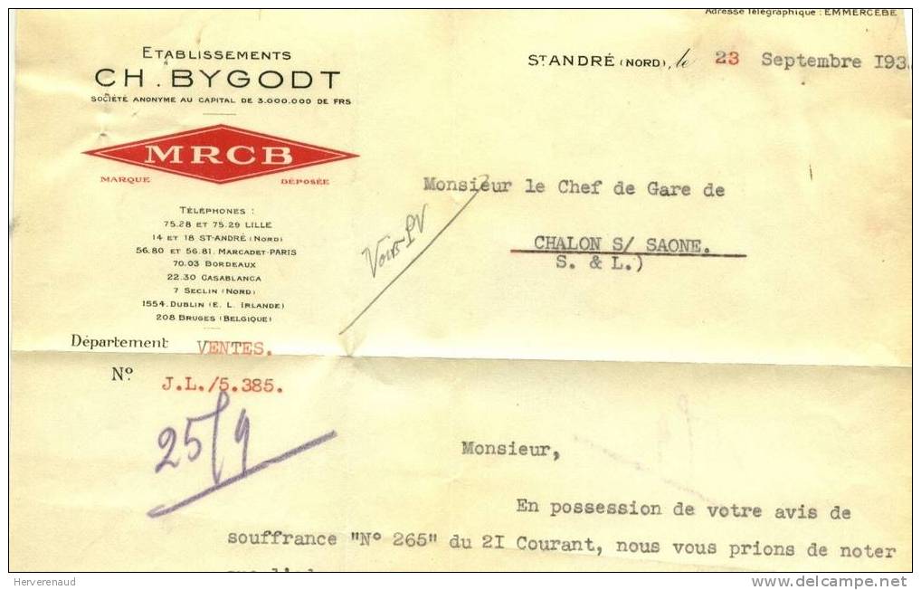 Paix 283 Sur Lettre Des  Ets Bygodt à Saint-André (Nord) ,  Pour Chalon-sur-Saône - 1932-39 Paz