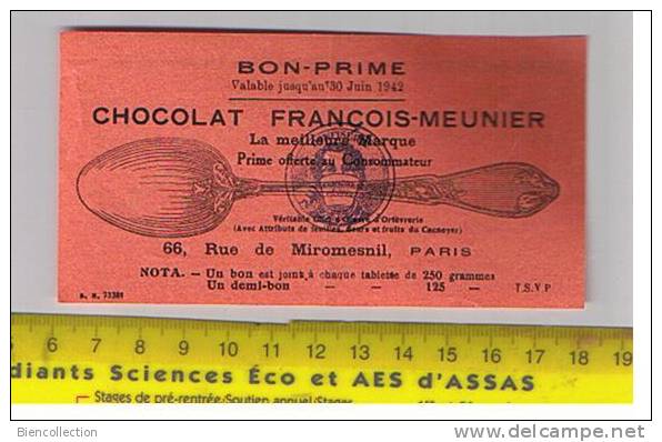 Chocolat François Meunier.Bon Prime - Sonstige & Ohne Zuordnung