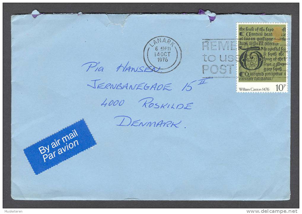Great Britain Airmail Par Avion Label William Caxton 1476 Stamped Cover Lanark Scotland Cancel 1976 To Roskilde Denmark - Postmark Collection